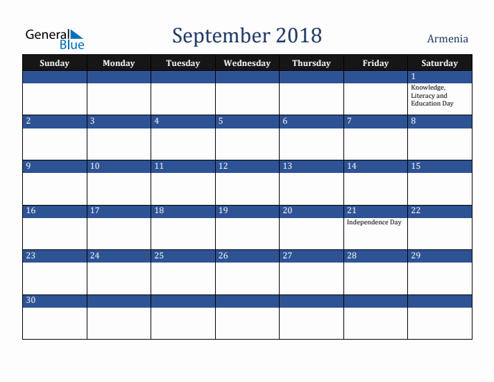September 2018 Armenia Calendar (Sunday Start)