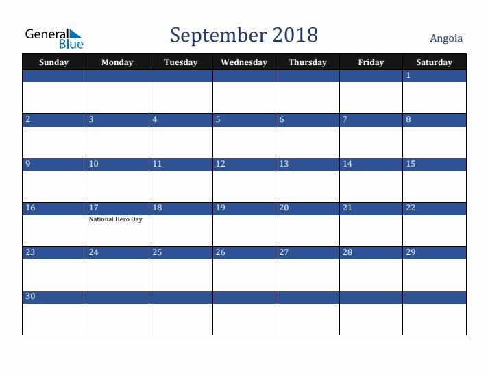 September 2018 Angola Calendar (Sunday Start)