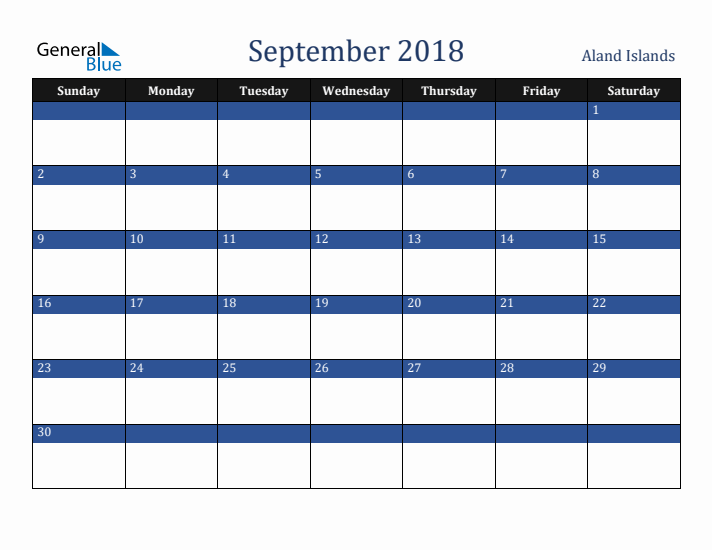 September 2018 Aland Islands Calendar (Sunday Start)