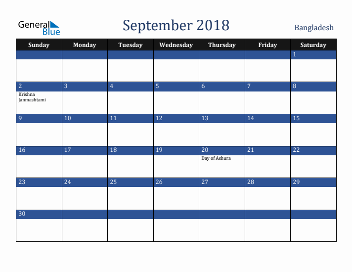 September 2018 Bangladesh Calendar (Sunday Start)