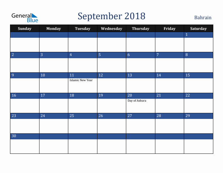 September 2018 Bahrain Calendar (Sunday Start)