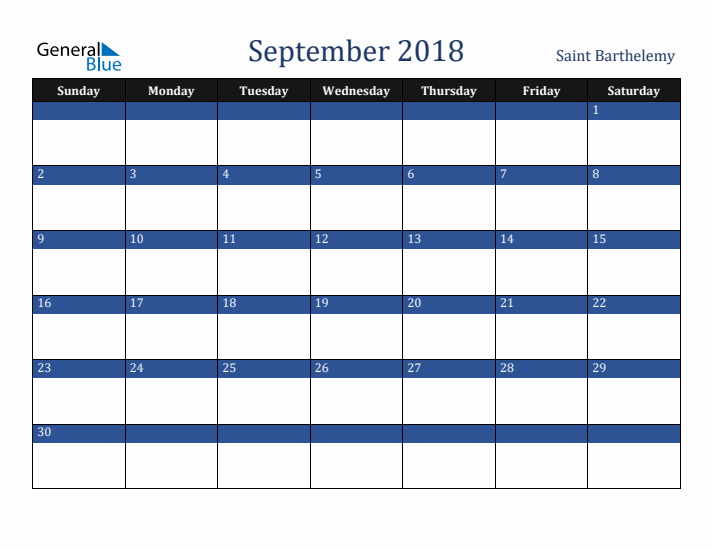 September 2018 Saint Barthelemy Calendar (Sunday Start)