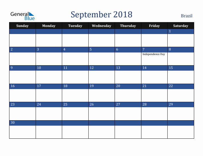 September 2018 Brazil Calendar (Sunday Start)