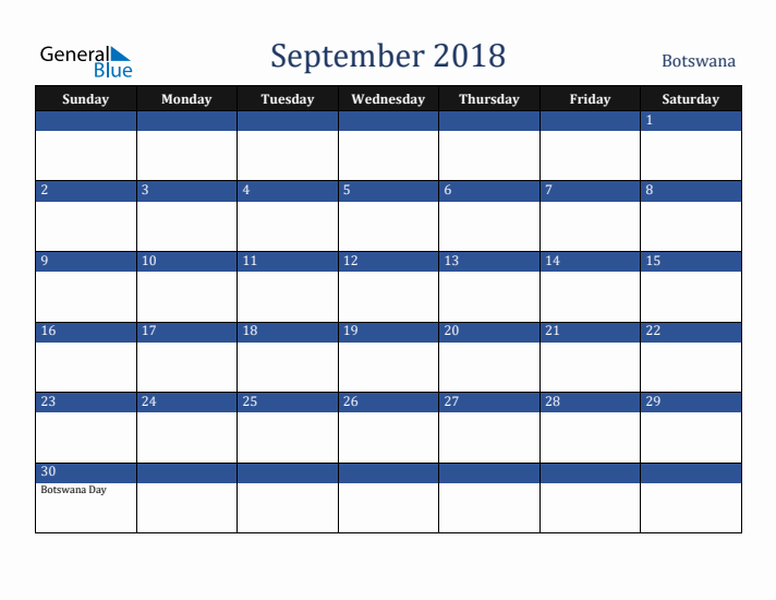 September 2018 Botswana Calendar (Sunday Start)