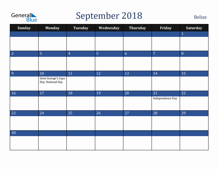 September 2018 Belize Calendar (Sunday Start)