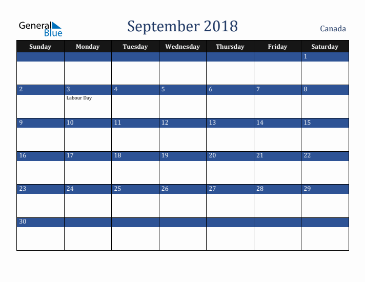 September 2018 Canada Calendar (Sunday Start)