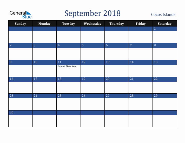 September 2018 Cocos Islands Calendar (Sunday Start)