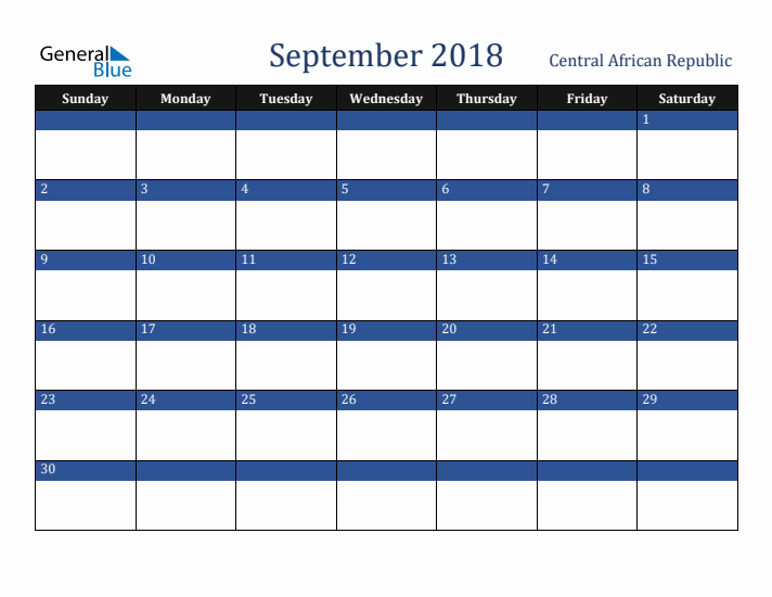 September 2018 Central African Republic Calendar (Sunday Start)