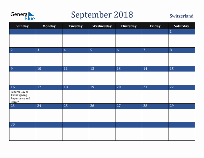 September 2018 Switzerland Calendar (Sunday Start)
