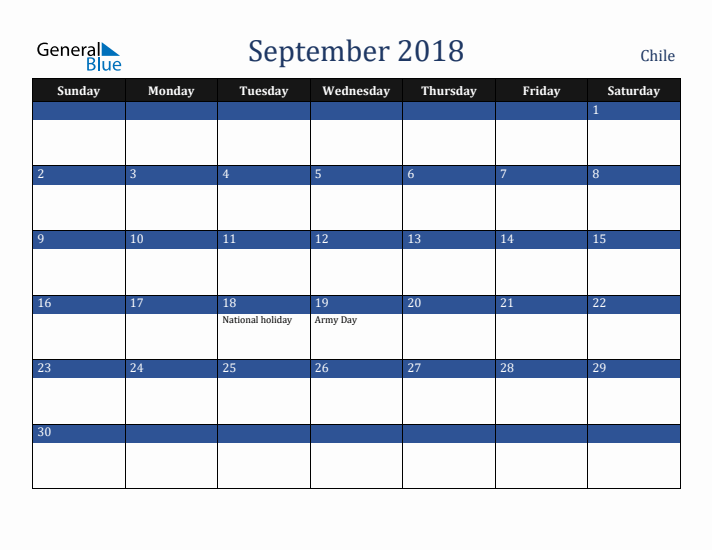September 2018 Chile Calendar (Sunday Start)