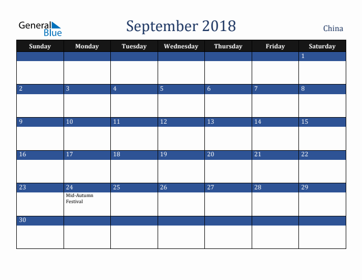 September 2018 China Calendar (Sunday Start)