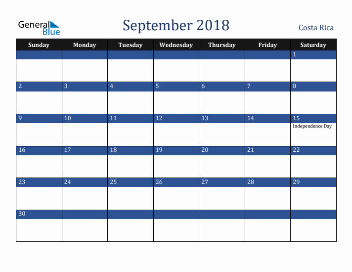 September 2018 Costa Rica Calendar (Sunday Start)