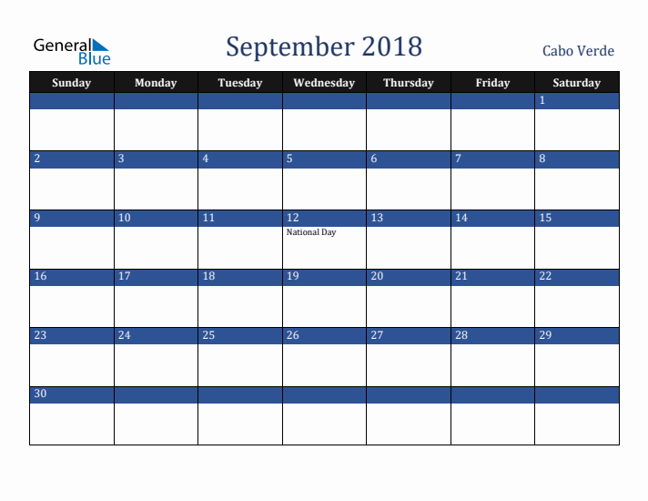 September 2018 Cabo Verde Calendar (Sunday Start)