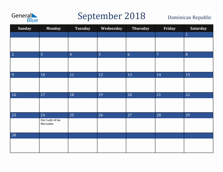 September 2018 Dominican Republic Calendar (Sunday Start)