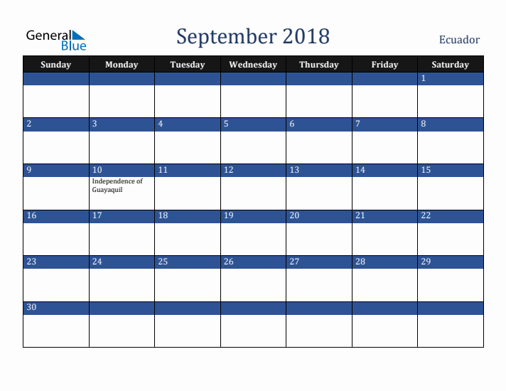 September 2018 Ecuador Calendar (Sunday Start)