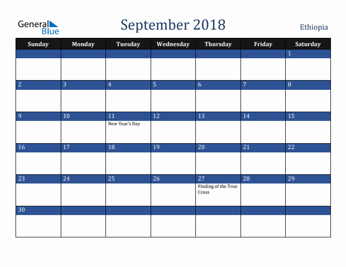 September 2018 Ethiopia Calendar (Sunday Start)