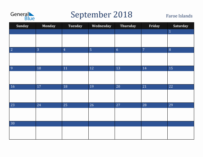 September 2018 Faroe Islands Calendar (Sunday Start)