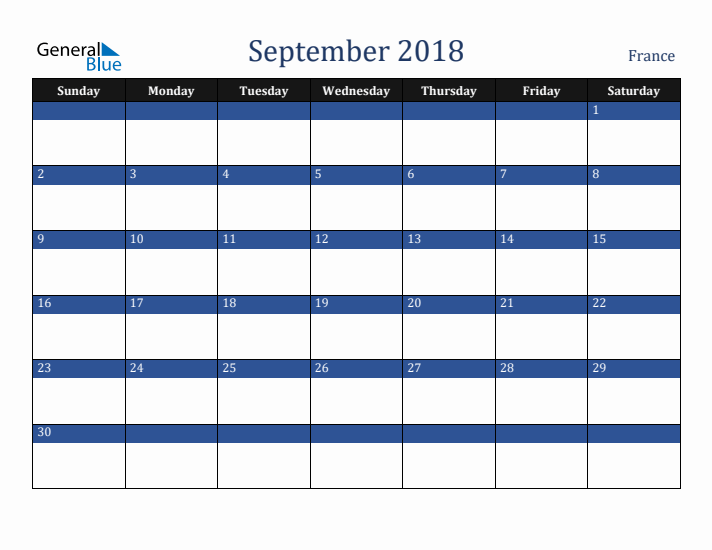 September 2018 France Calendar (Sunday Start)