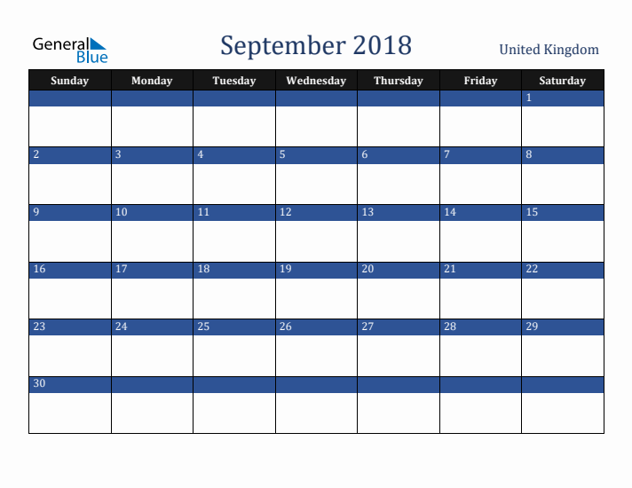 September 2018 United Kingdom Calendar (Sunday Start)