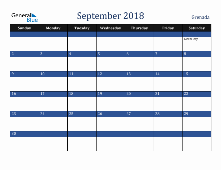 September 2018 Grenada Calendar (Sunday Start)