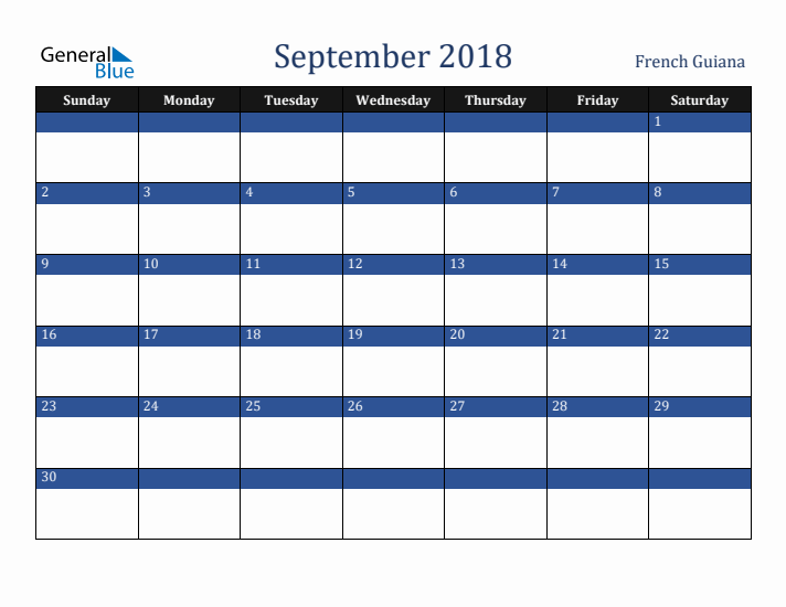 September 2018 French Guiana Calendar (Sunday Start)