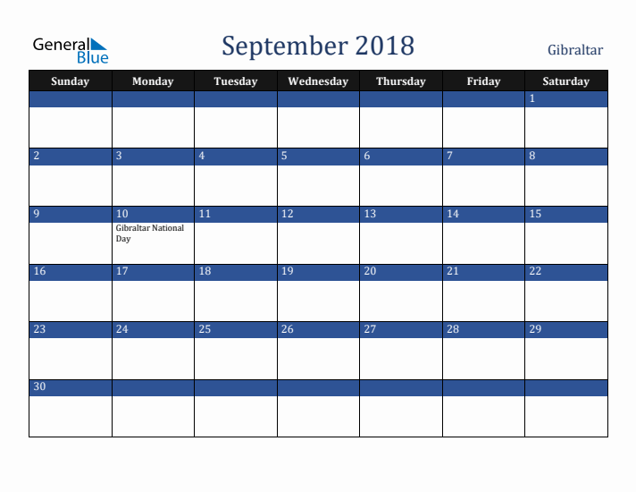 September 2018 Gibraltar Calendar (Sunday Start)