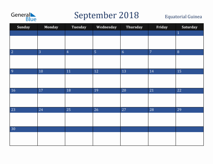 September 2018 Equatorial Guinea Calendar (Sunday Start)