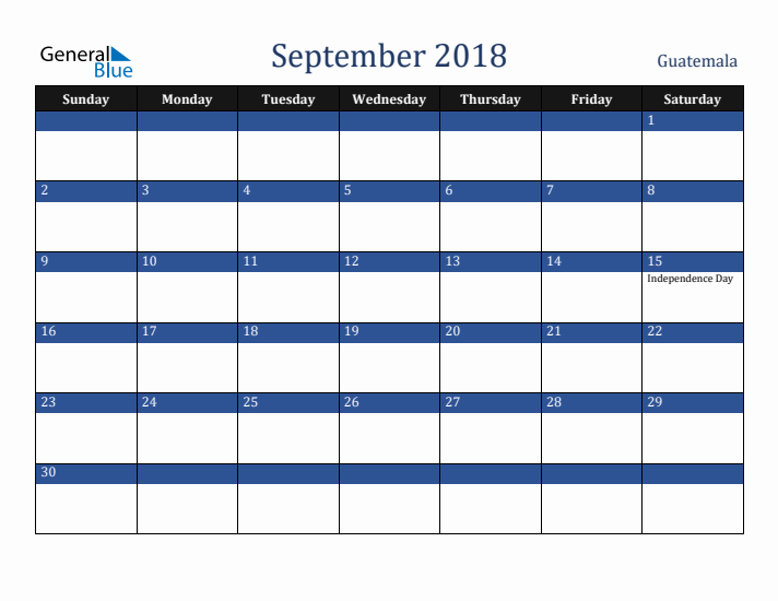September 2018 Guatemala Calendar (Sunday Start)