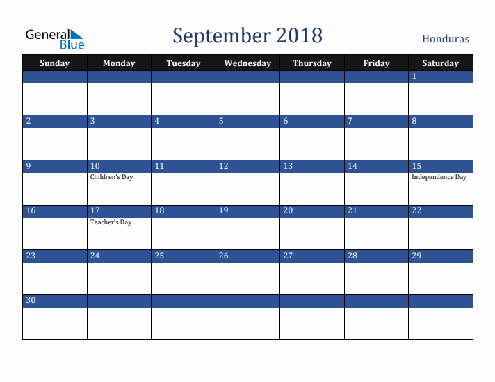 September 2018 Honduras Calendar (Sunday Start)