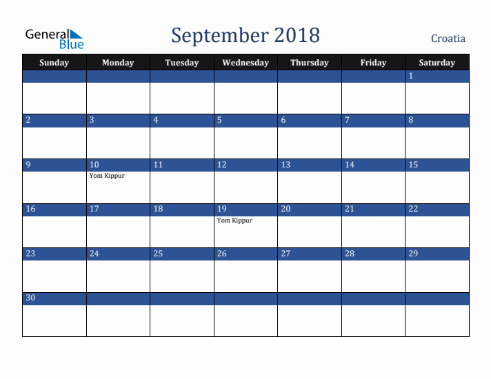 September 2018 Croatia Calendar (Sunday Start)