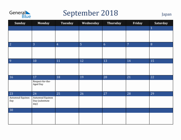 September 2018 Japan Calendar (Sunday Start)