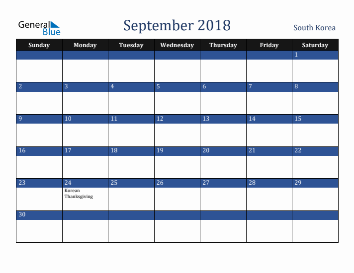 September 2018 South Korea Calendar (Sunday Start)