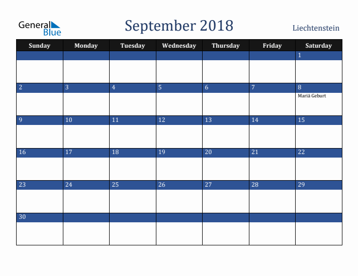 September 2018 Liechtenstein Calendar (Sunday Start)