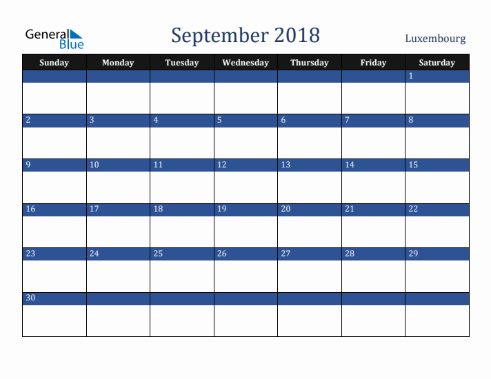 September 2018 Luxembourg Calendar (Sunday Start)