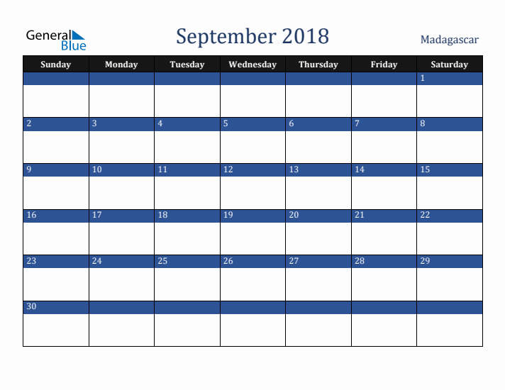 September 2018 Madagascar Calendar (Sunday Start)