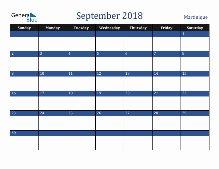 September 2018 Martinique Calendar (Sunday Start)