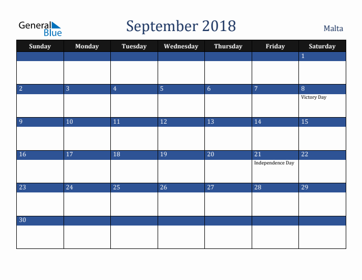 September 2018 Malta Calendar (Sunday Start)