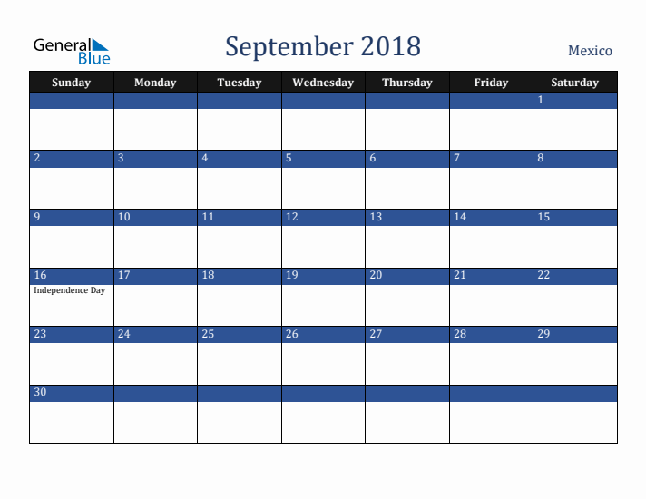 September 2018 Mexico Calendar (Sunday Start)