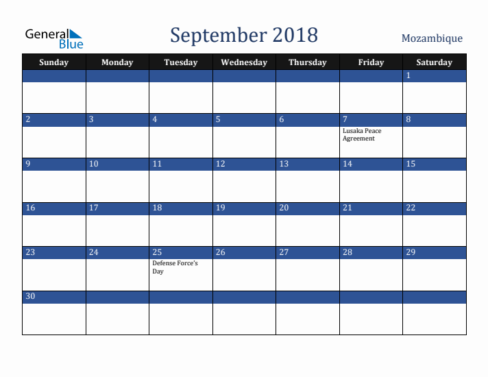 September 2018 Mozambique Calendar (Sunday Start)