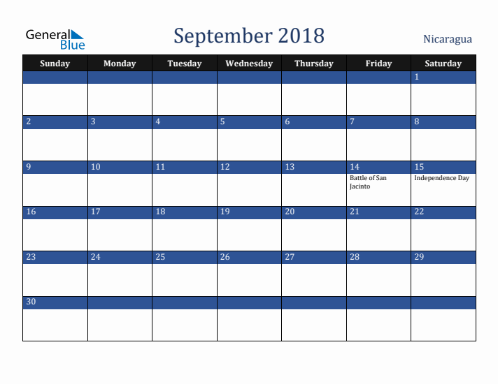September 2018 Nicaragua Calendar (Sunday Start)
