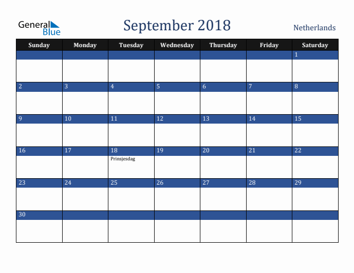 September 2018 The Netherlands Calendar (Sunday Start)