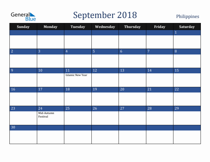 September 2018 Philippines Calendar (Sunday Start)