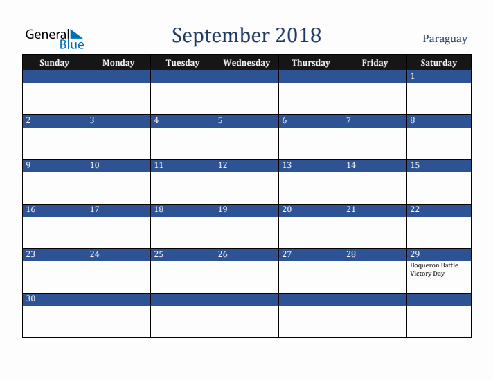 September 2018 Paraguay Calendar (Sunday Start)