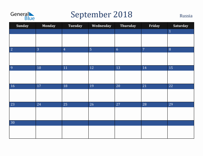 September 2018 Russia Calendar (Sunday Start)