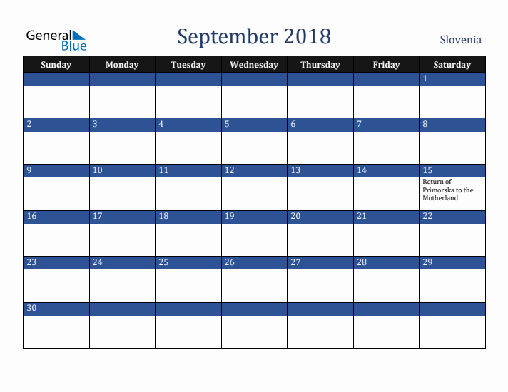 September 2018 Slovenia Calendar (Sunday Start)