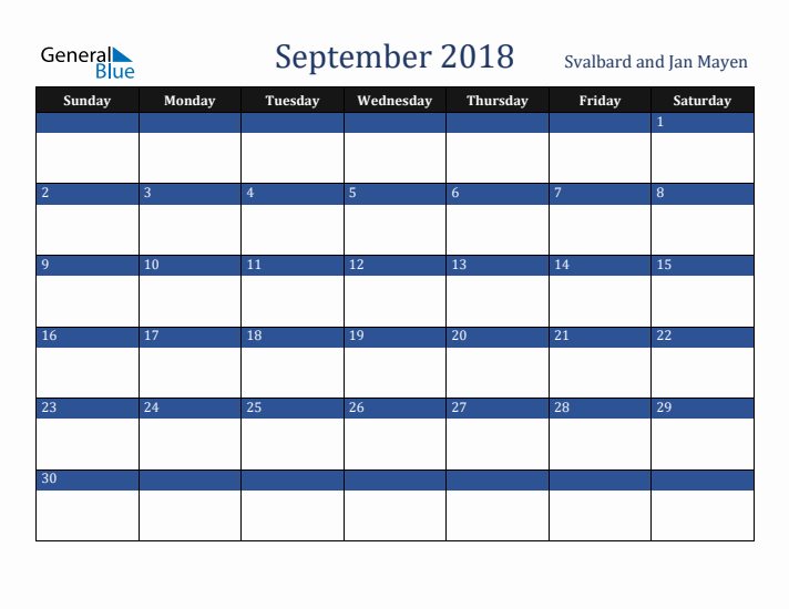 September 2018 Svalbard and Jan Mayen Calendar (Sunday Start)