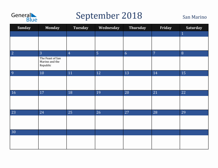 September 2018 San Marino Calendar (Sunday Start)