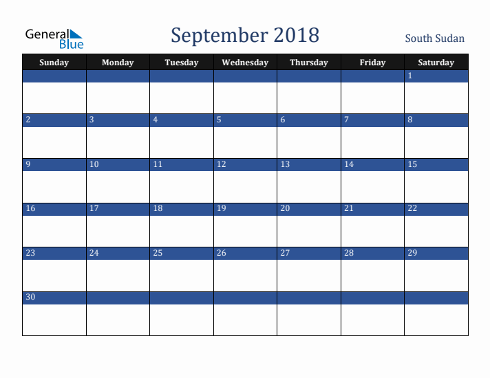 September 2018 South Sudan Calendar (Sunday Start)