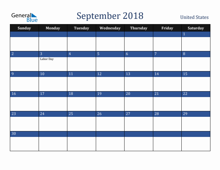 September 2018 United States Calendar (Sunday Start)