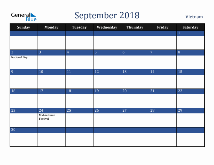 September 2018 Vietnam Calendar (Sunday Start)